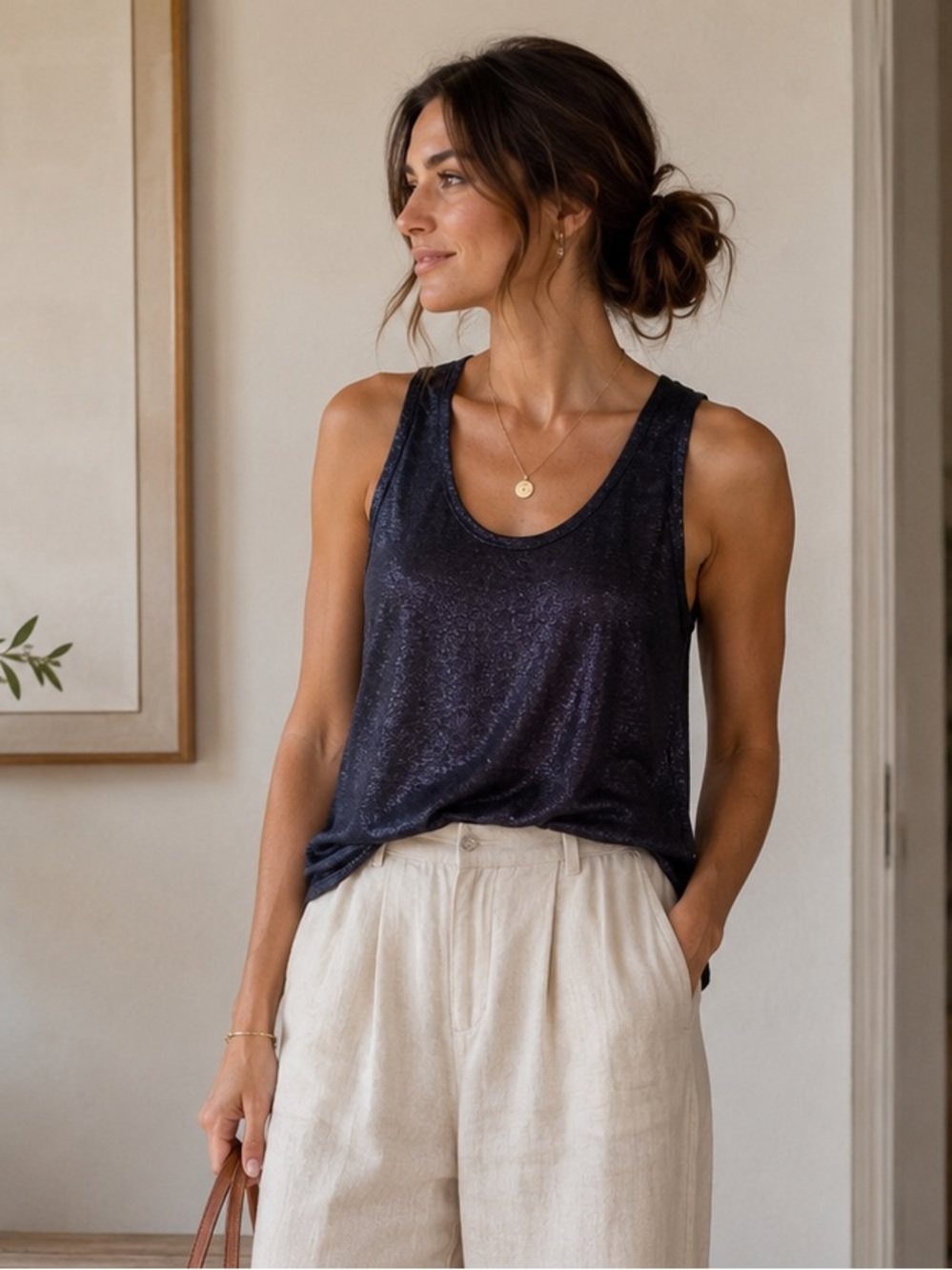 J.Crew Metallic Linen Tank Top Navy Silver Shimmer Sleeveless M